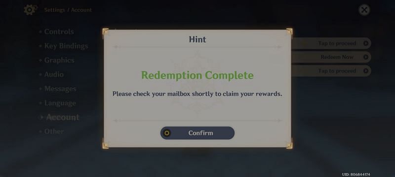 Genshin Impact code redemption confirmation