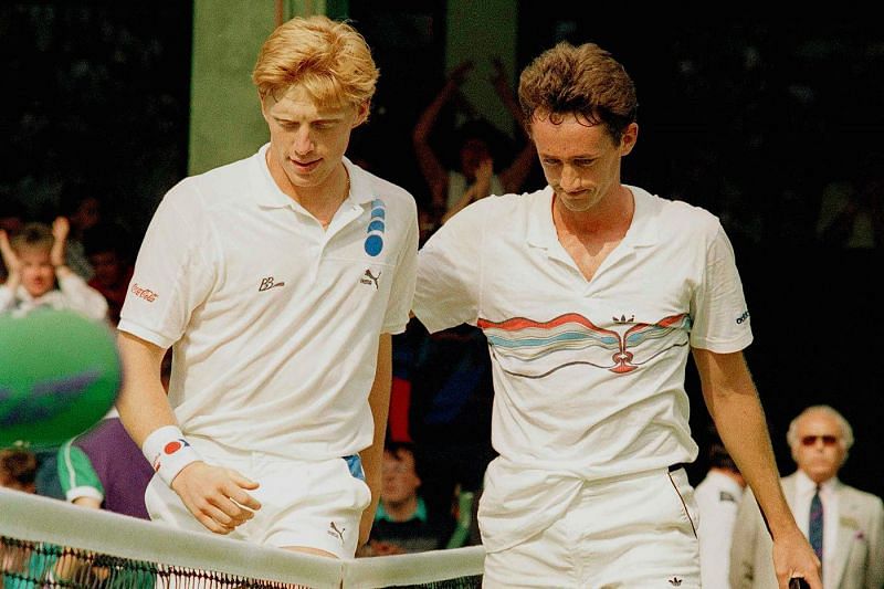 Peter Doohan (right) beat Boris Becker in the second round at 1987 Wimbledon.