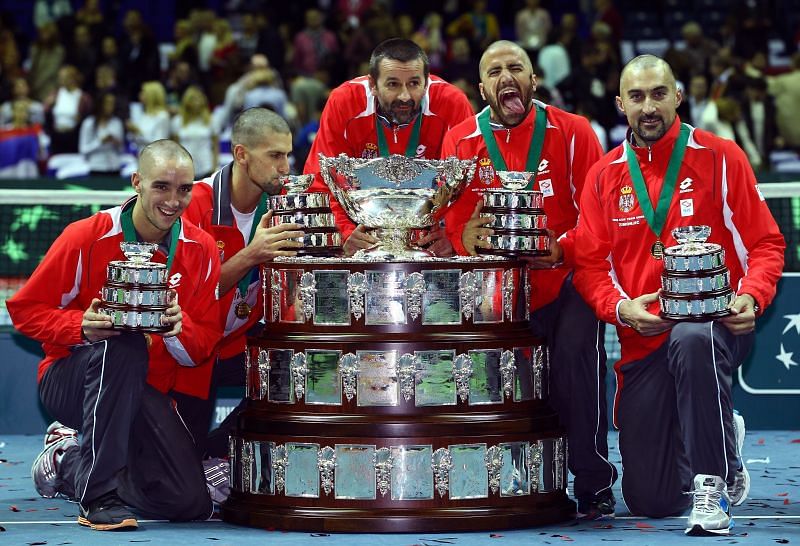 Serbian Davis Cup Team poses with the coveted title