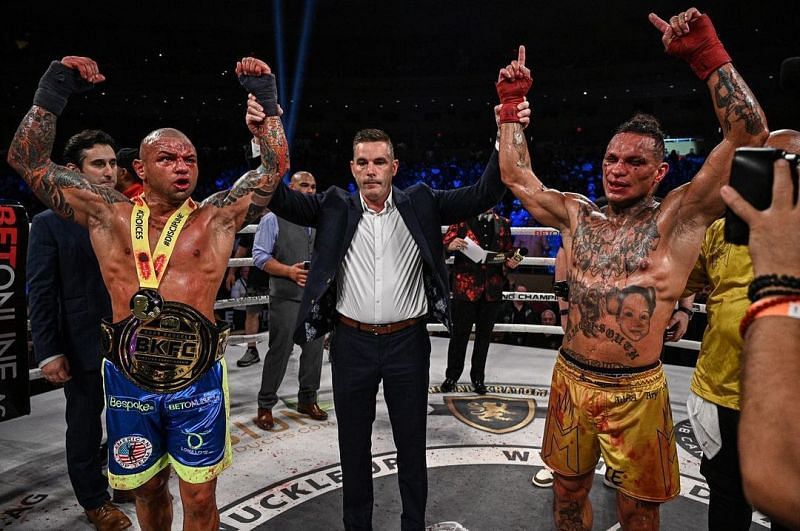 Thiago Alves (left) celebrates his title win at BKFC 18 [Photo credit: @bareknucklefc on Instagram]