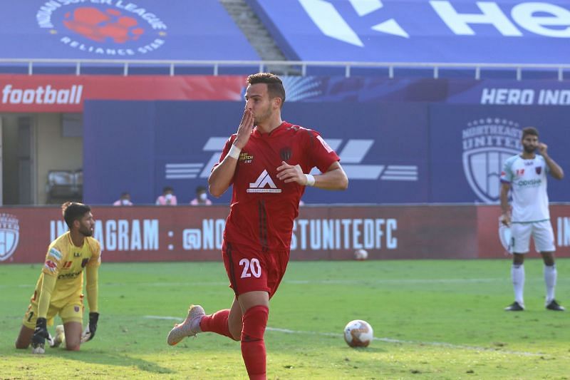 NorthEast United FC player Luis Machado celebrates after scoring for the Highlanders in the last season of ISL