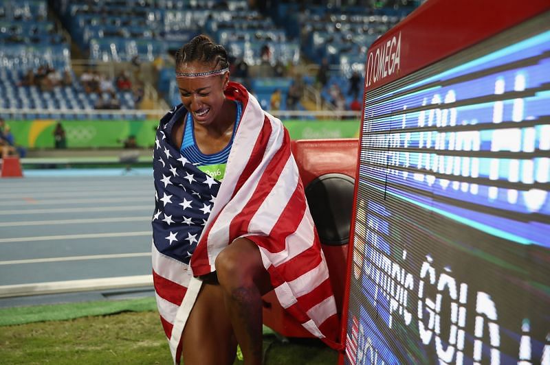 Brianna Rollins-McNeal of the United States celebrates winning the gold medal in the Women&#039;s 100 metres hurdles final in the 2016 Rio Olympics (Photo by Cameron Spencer/Getty Images)
