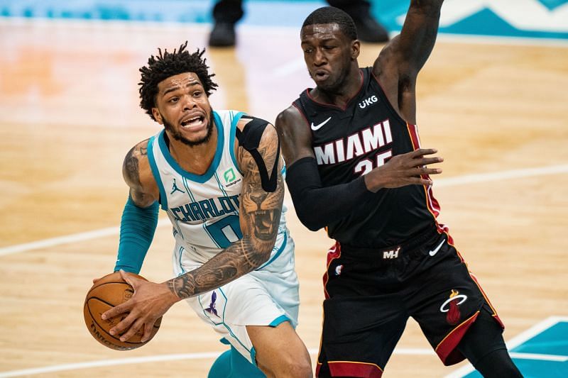 Miami Heat guard Kendrick Nunn battles against the Charlotte Hornets