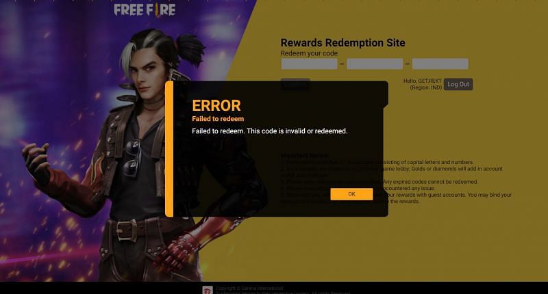 Free Fire redeem codes have an expiry and will show an error when players try to use them
