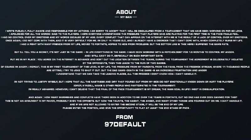 97Default&#039;s official statement. Image via YouTube