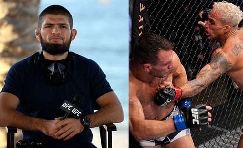 Khabib Nurmagomedov (left); Michael Chandler (center); Charles Oliveira (right)