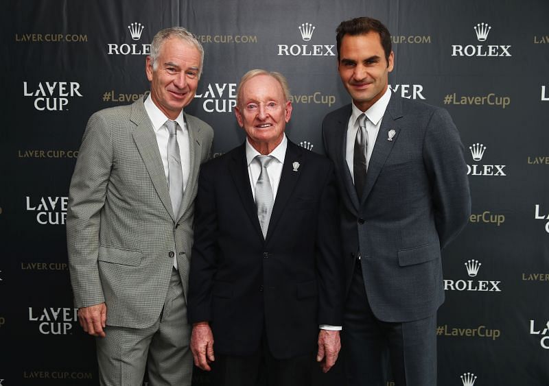 Rod Laver with John McEnroe (L) and Roger Federer (R)