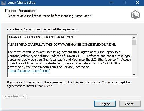 The Lunar Client license agreement must be agreed to in order to proceed