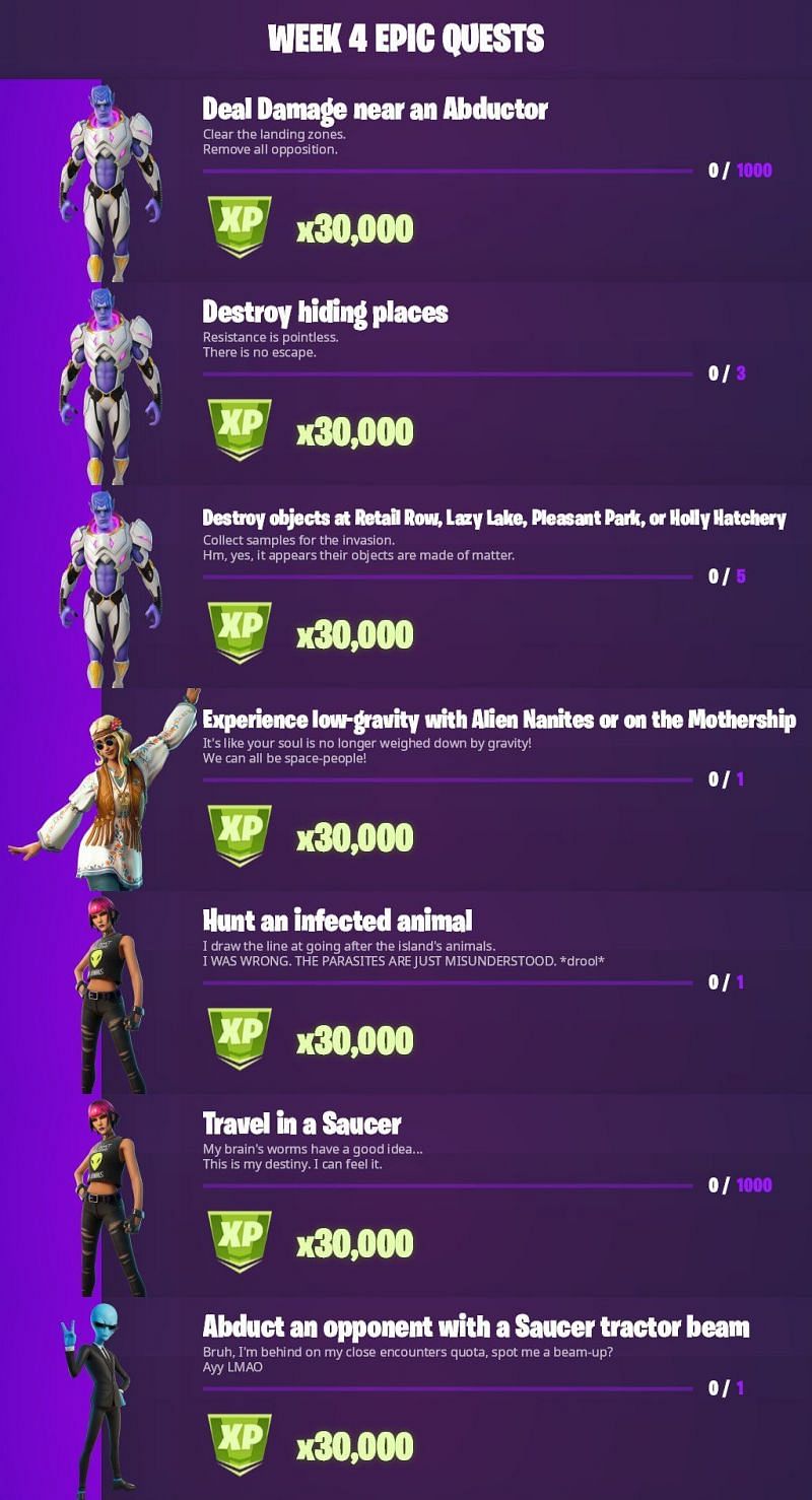 Leaked Fortnite Season 7 Week 4 Epic challenges (Image via ThePlatiumAgent/Twitter)