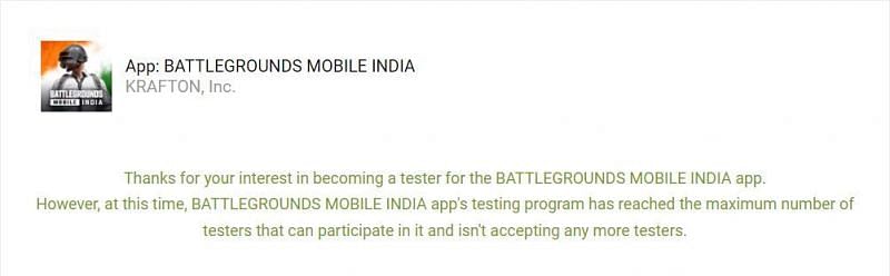 Mesasage on the beta testing website for Battlegrounds Mobile India