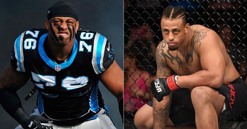 Greg Hardy as an NFL player (left) and a UFC fighter (right)