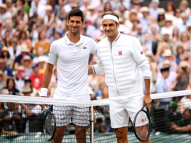 Novak Djokovic and Roger Federer at Wimbledon 2019 at All England Lawn Tennis and Croquet Club in 2019 in London, England