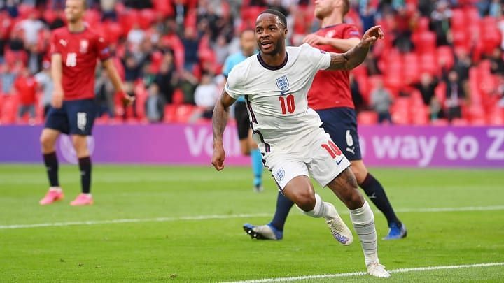 Raheem Sterling has scored both of England