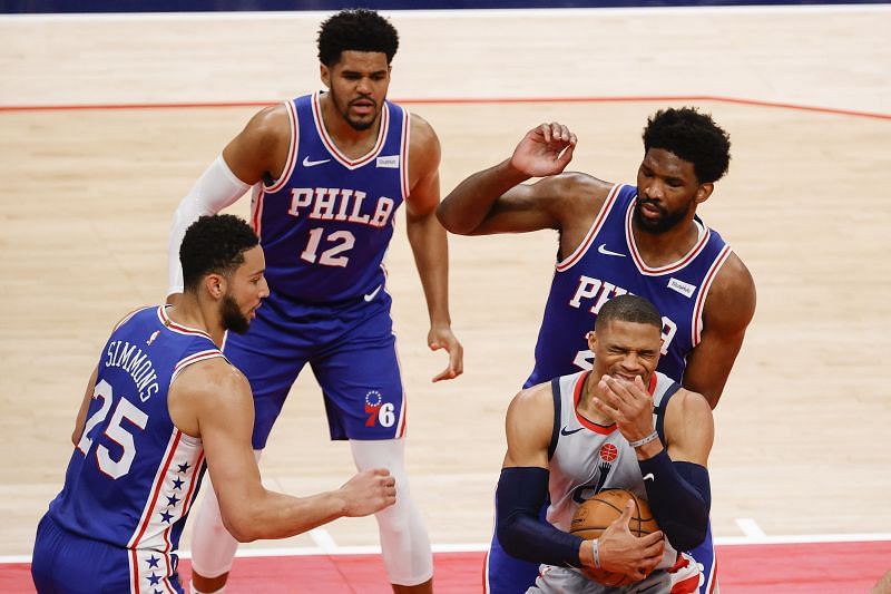 Russell Westbrook #4 is fouled during the first quarter against the Philadelphia 76ers