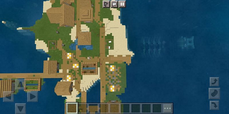 An island village next to an ocean monument (Image via Minecraft)