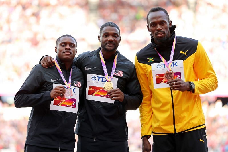 Justin Gatlin (middle) at the World Athletics Championships London 2017