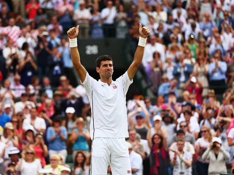 Novak Djokovic exults after downing Marin Cilic at 2014 Wimbledon