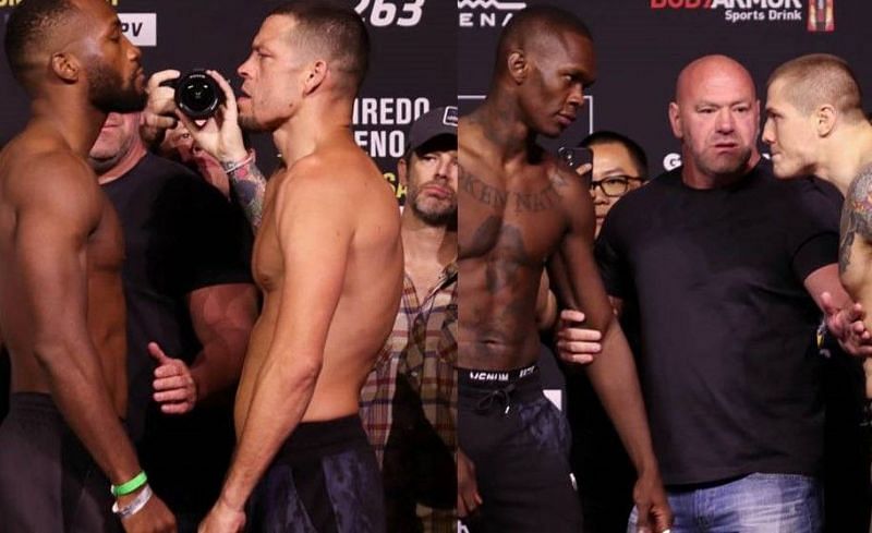 Leon Edwards vs. Nate Diaz face-off (left); Israel Adesanya vs. Marvin Vettori face-off (right)