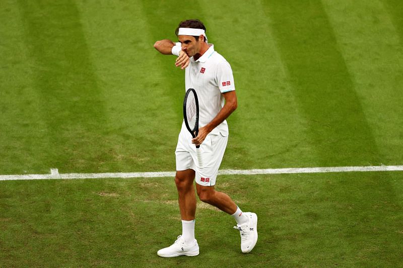 Roger Federer reacts after losing a point