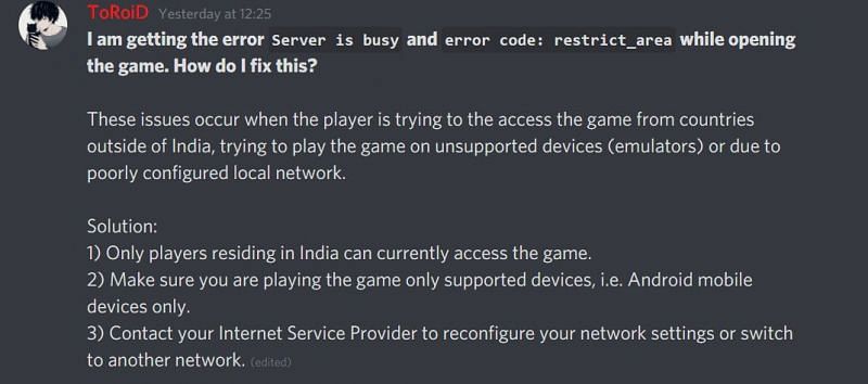 The message posted by one of the admins in the Battlegrounds Mobile India discord server