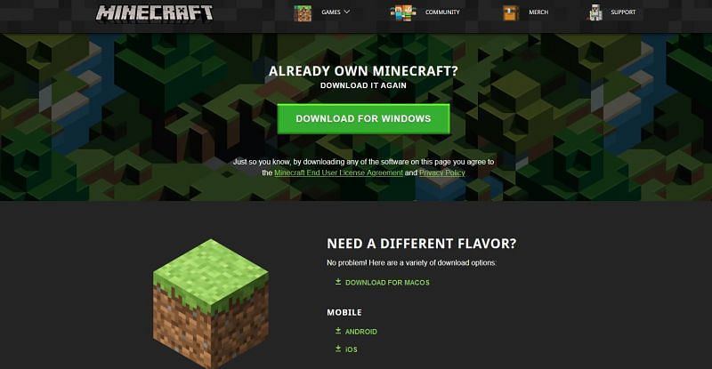 The official download page for multiple versions of Minecraft (Image via Mojang)