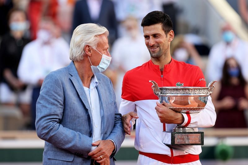 Bjorn Borg (L) and Novak Djokovic at Roland Garros 2021