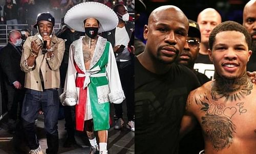 Gervonta Davis' ring entrance for his fight against Leo Santa Cruz in 2020 (left); Floyd Mayweather Jr. and Gervonta Davis (right)