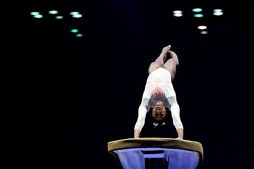 Simone Biles lands the Yurchenko double pike while competing on the vault during the 2021 U.S. Classic gymnastics competition at the Indiana Convention Center in Indianapolis, Indiana (Photo by Emilee Chinn/Getty Images)