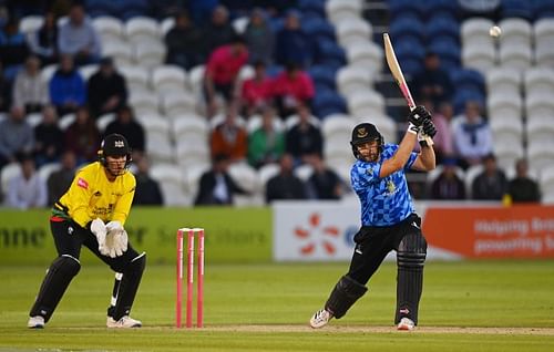 Luke Wright of Sussex plays a shot during his side's T20 Blast match against Gloucestershire