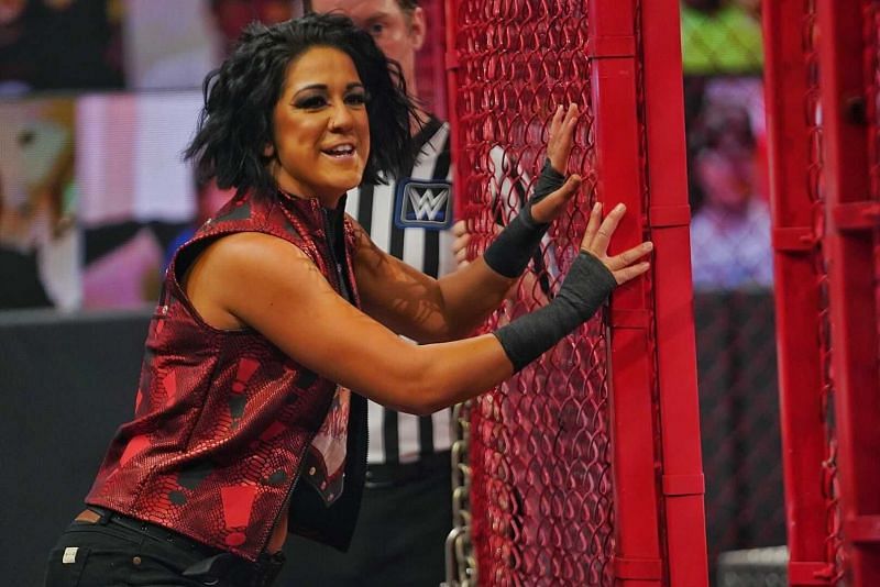 Bayley entering the Hell in a Cell structure