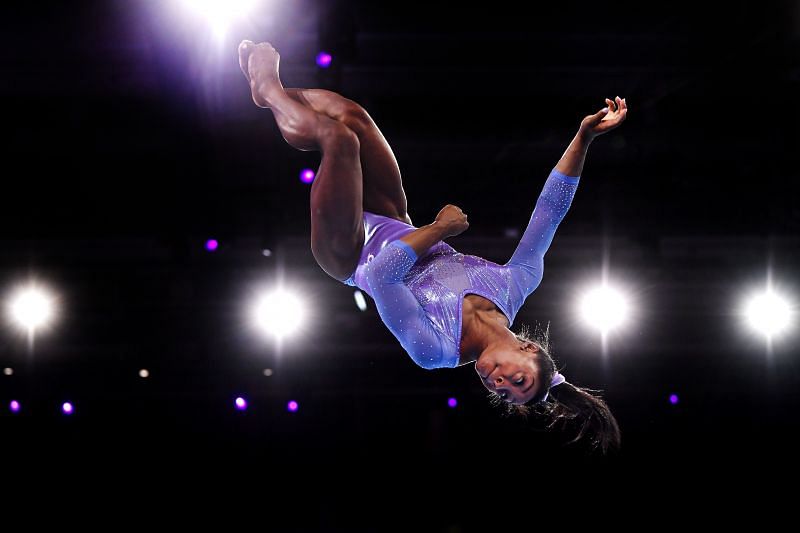 Simone Biles in action at the 2019 U.S. National Championships Floor Exercises (Photo by Laurence Griffiths/Getty Images)