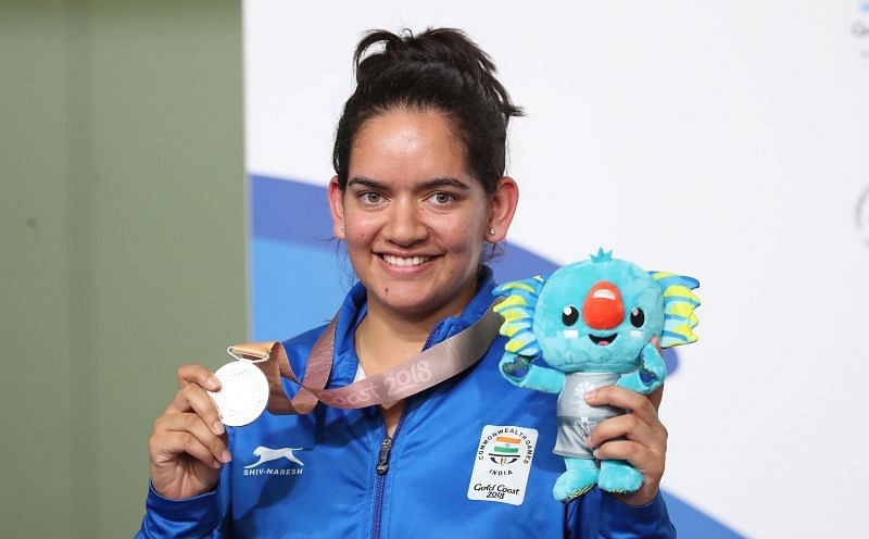 Anjum Moudgil of India poses with her Silver medal for the Women&#039;s 50m Rifle 3 Positions Final during the 2018 Commonwealth Games