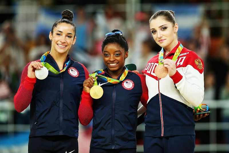 (L to R) Silver medalist Aly Raisman, gold medalist Simone Biles, and bronze medalist Aliya Mustafina of Russia (Photo by Alex Livesey/Getty Images)