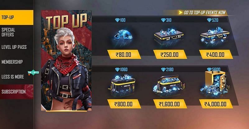 Top-up options in Free Fire