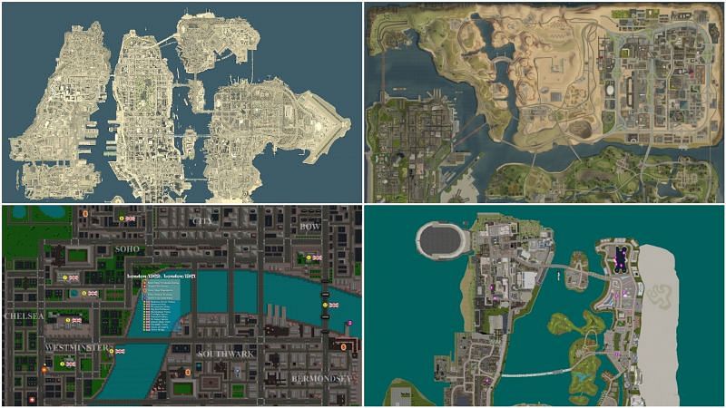 Some of the maps featured in the GTA series (Images via GTA Wiki, Pink Pineapple: GTAForums, and Zюня: Steam Community)