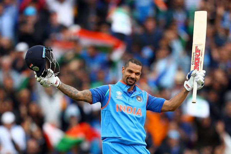 Shikhar Dhawan celebrates his hundred against Sri Lanka in the 2017 Champions Trophy. Pic: Getty Images