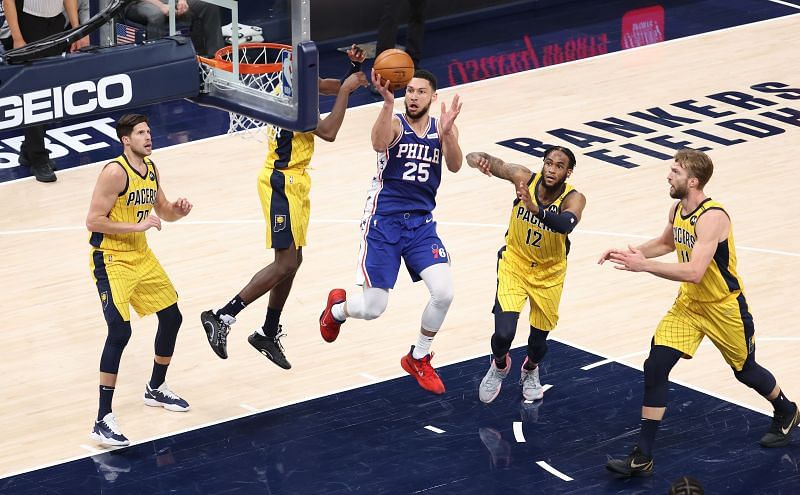 Ben Simmons (#25) shoots the ball against the Indiana Pacers.