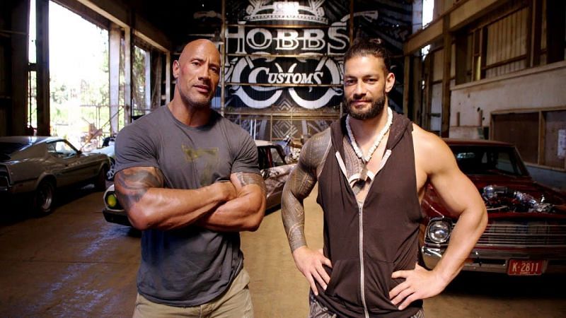 Roman Reigns and The Rock on the set of Hobbs and Shaw