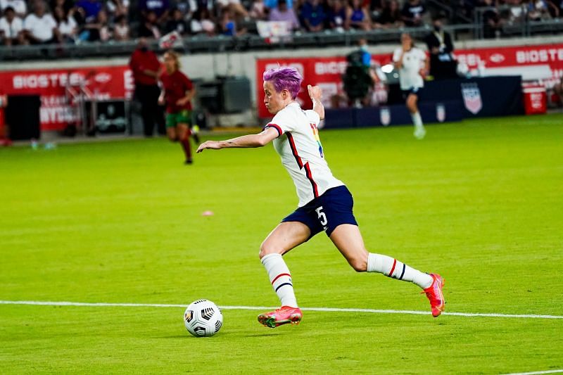 Megan Rapinoe of USWNT shoots during the first half of the 2021 WNT Summer Series friendly against Portugal at BBVA Stadium in Houston, Texas. (Photo by Alex Bierens de Haan/Getty Images)
