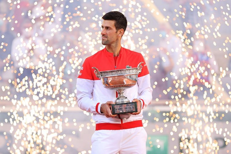 Novak Djokovic with the 2021 Roland Garros trophy