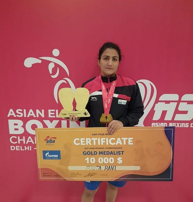 Pooja Rani poses with the Asian Boxing Championships gold medal