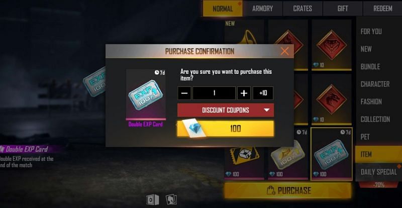 Players can buy Double EXP cards from the in-game store (Image via Free Fire)