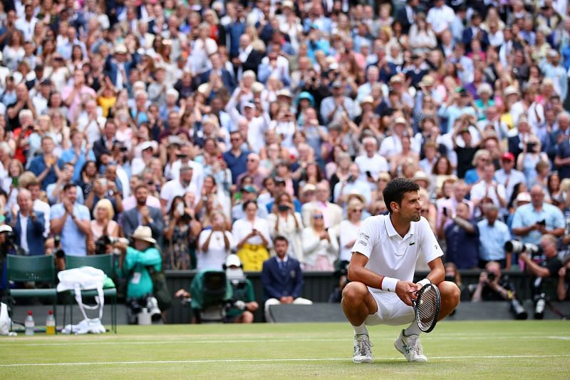 Novak Djokovic after winning Wimbledon in 2019