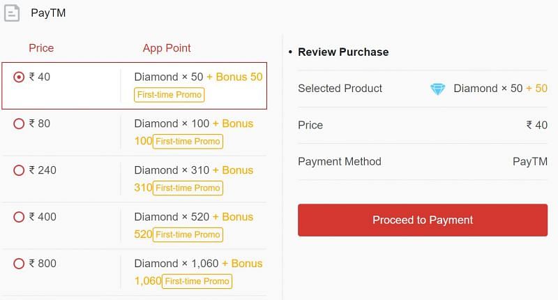 Make a successful payment after selecting the number of diamonds to purchase