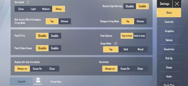 &#039;Controls&#039; tab in PUBG Mobile Lite