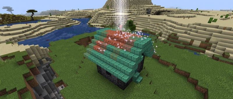 A copper roof being oxidized by lightning (Image via Mojang)