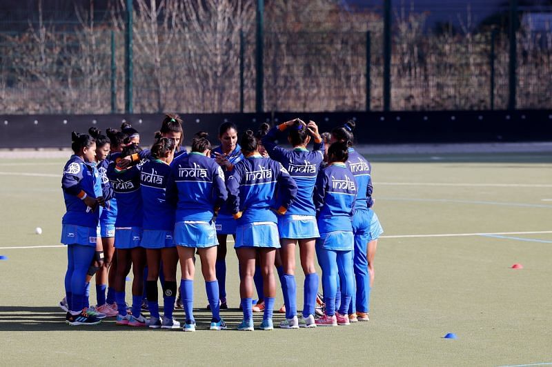 Indian Women&#039;s Hockey team huddle up during a training session (Image Credits - Hockey India Facebook Page)