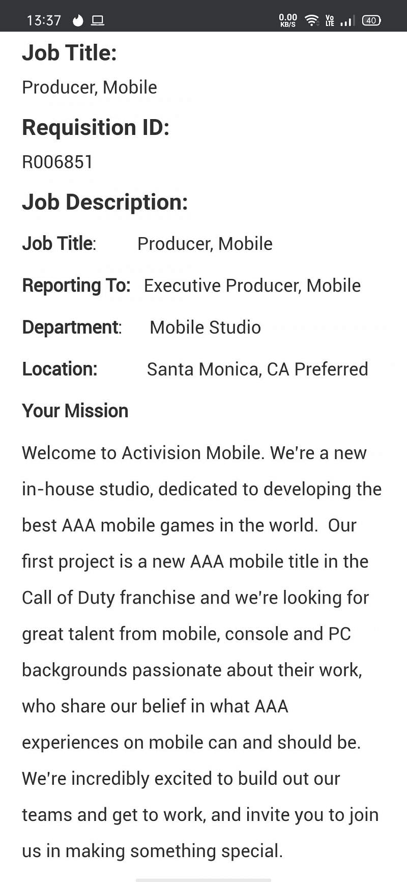 A screengrab of the job descroption (Image via Activision)