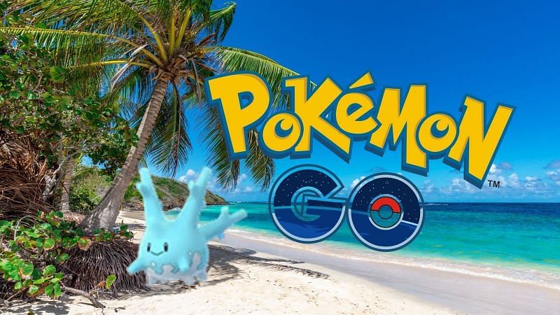 The light blue Shiny Corsola only found in tropical locations in Pokemon GO (Image via Niantic)