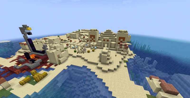 Desert village with a pyramid and portal (Image via Minecraft)